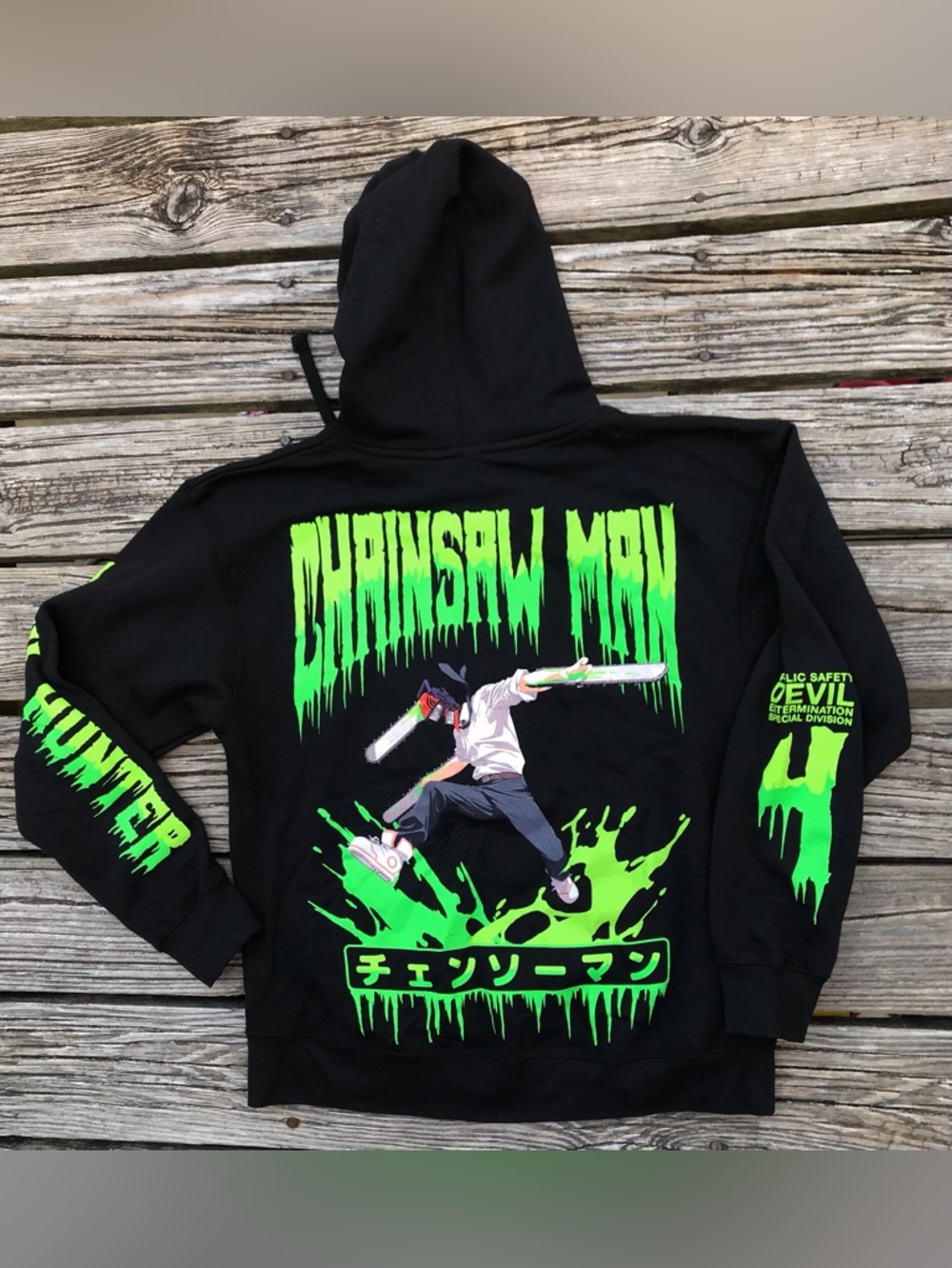 NEW Mens XL HOT TOPIC Chainsaw Man Black Green Graphic Hoodie Hooded Sweatshirt
